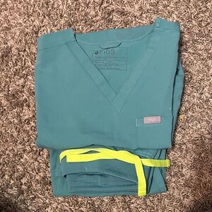 Figs Scrub Set Teal with Neon Yellow Accent